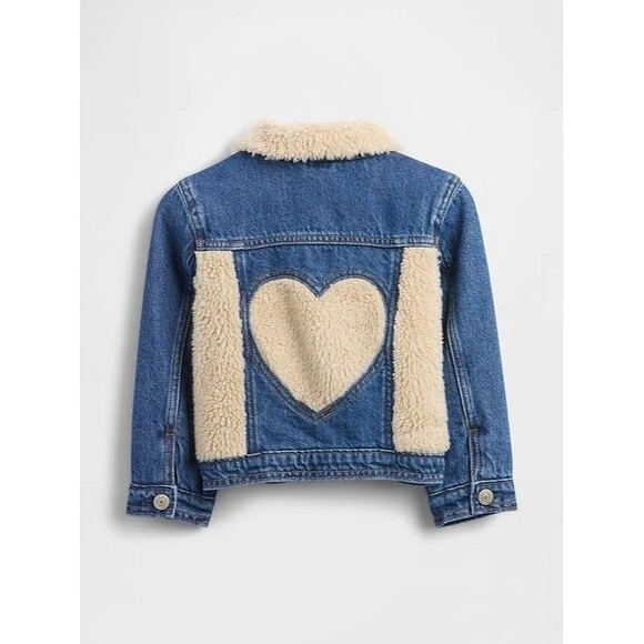 GAP Other - Baby Gap Sherpa Icon Blue Denim Jacket Heart 12-18 Mo Snap Front Fleece Trim